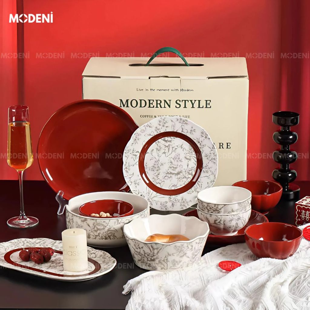 Bộ Chén Đĩa Briona Cao Cấp – Bát Đĩa Sang Trọng Phối Đỏ Rượu Vang – Phù Hợp Bàn Ăn Gia Đình Hiện Đại