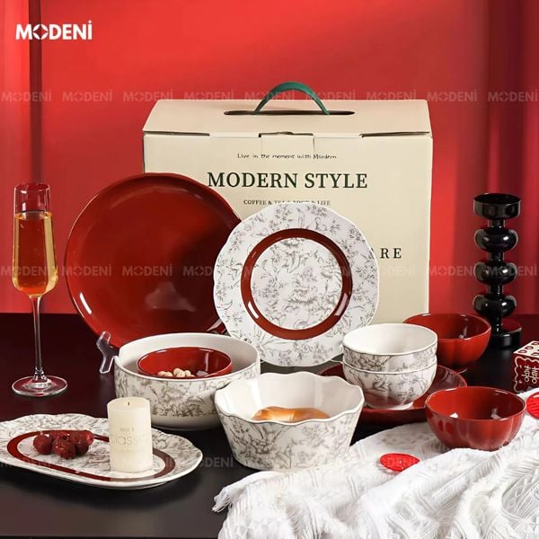  Bộ Chén Đĩa Briona Cao Cấp – Bát Đĩa Sang Trọng Phối Đỏ Rượu Vang – Phù Hợp Bàn Ăn Gia Đình Hiện Đại 