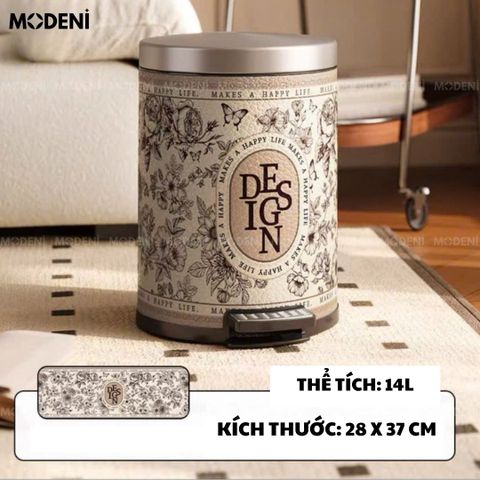 Thùng rác hoạ tiết retro màu trắng đặt trong phòng khách với thảm lông sang trọng.