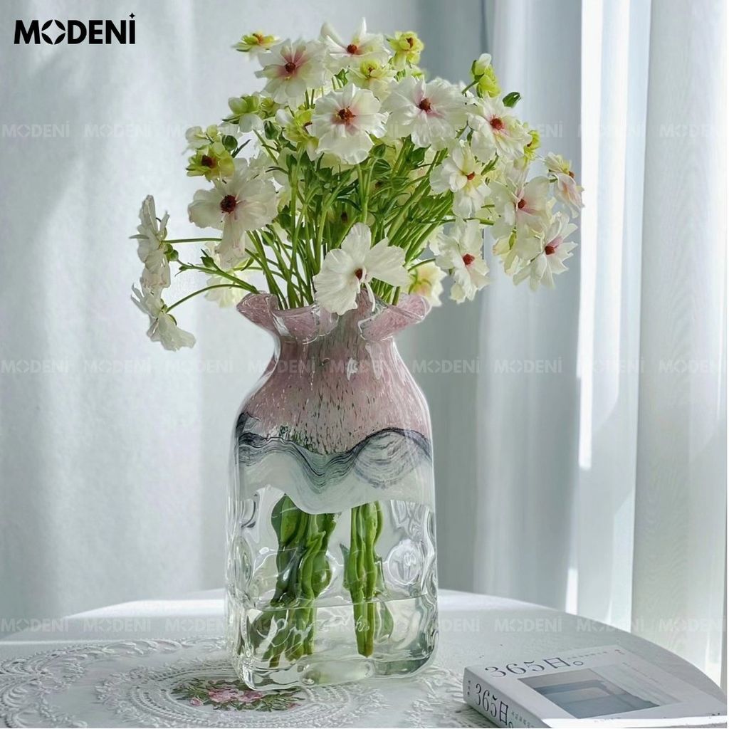 Bình Hoa Thủy Tinh Loang Màu Jason – Lọ Cắm Hoa Nghệ Thuật Độc Đáo – Phối Hồng Trắng Bo Tròn Đẹp Mắt – Decor Bàn, Kệ, Phòng Khách