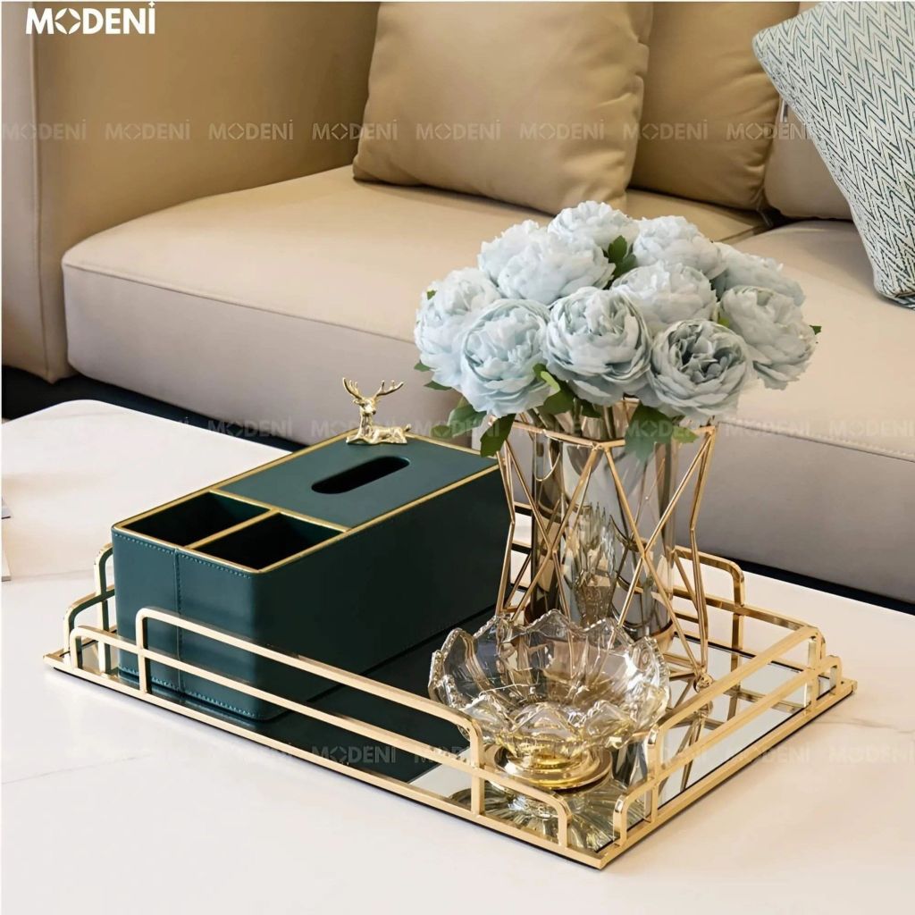 Khay Chữ Nhật Jade Cao Cấp – Khay Bàn Gương Khung Kim Loại Mạ Vàng Decor Sang Trọng – Phù Hợp Trang Trí Bàn Sofa, Bàn Trang Điểm