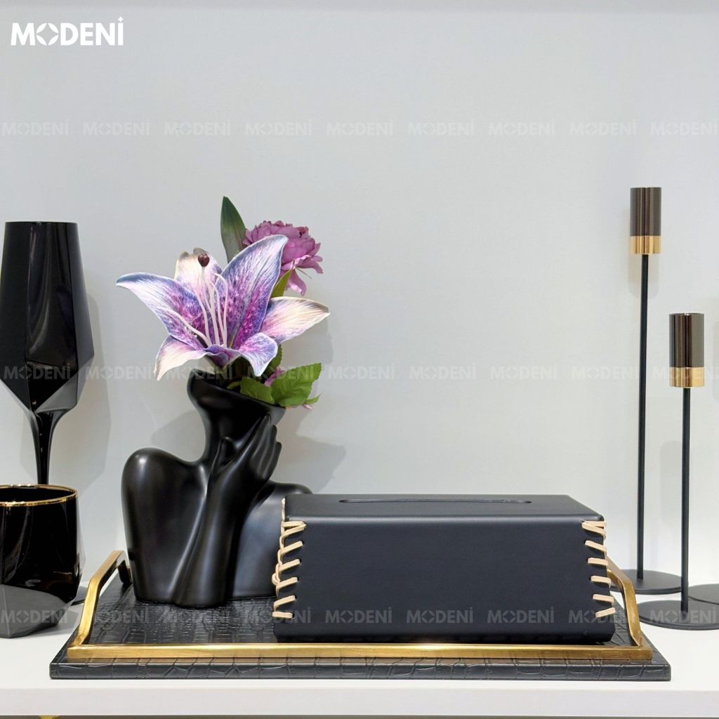 Khay Chữ Nhật Donald – Khay Decor Sang Trọng Tay Cầm Vàng – Da Đen Phủ Nhám – Trang Trí Bàn Sofa & Kệ Tủ Hiện Đại