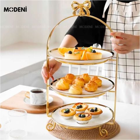 Khay đựng bánh 3 tầng Bowtie viền mạ vàng, đĩa sứ trắng sang trọng
