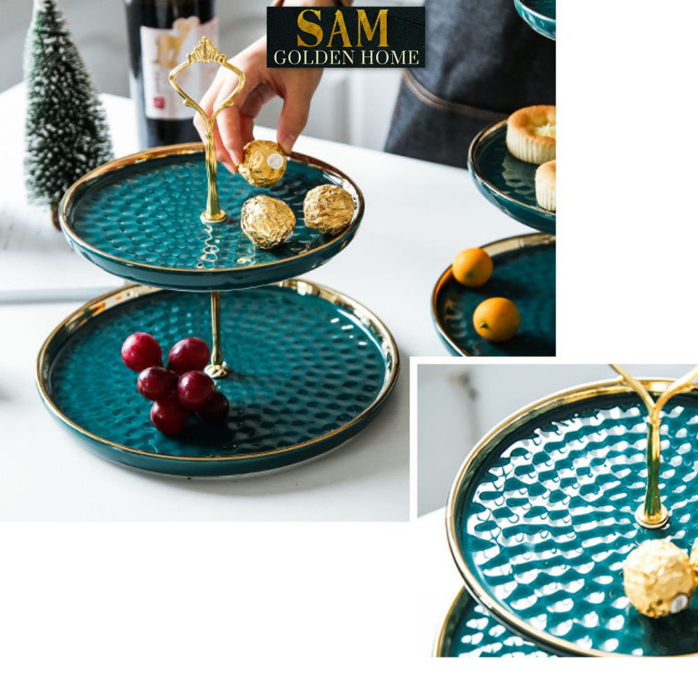 Khay Đĩa Papier 3 Tầng Gốm Sứ Men Cao Cấp – Decor Bàn Tiệc Trái Cây, Bánh Kẹo – Tông Xanh Ngọc Lục Bảo Sang Trọng
