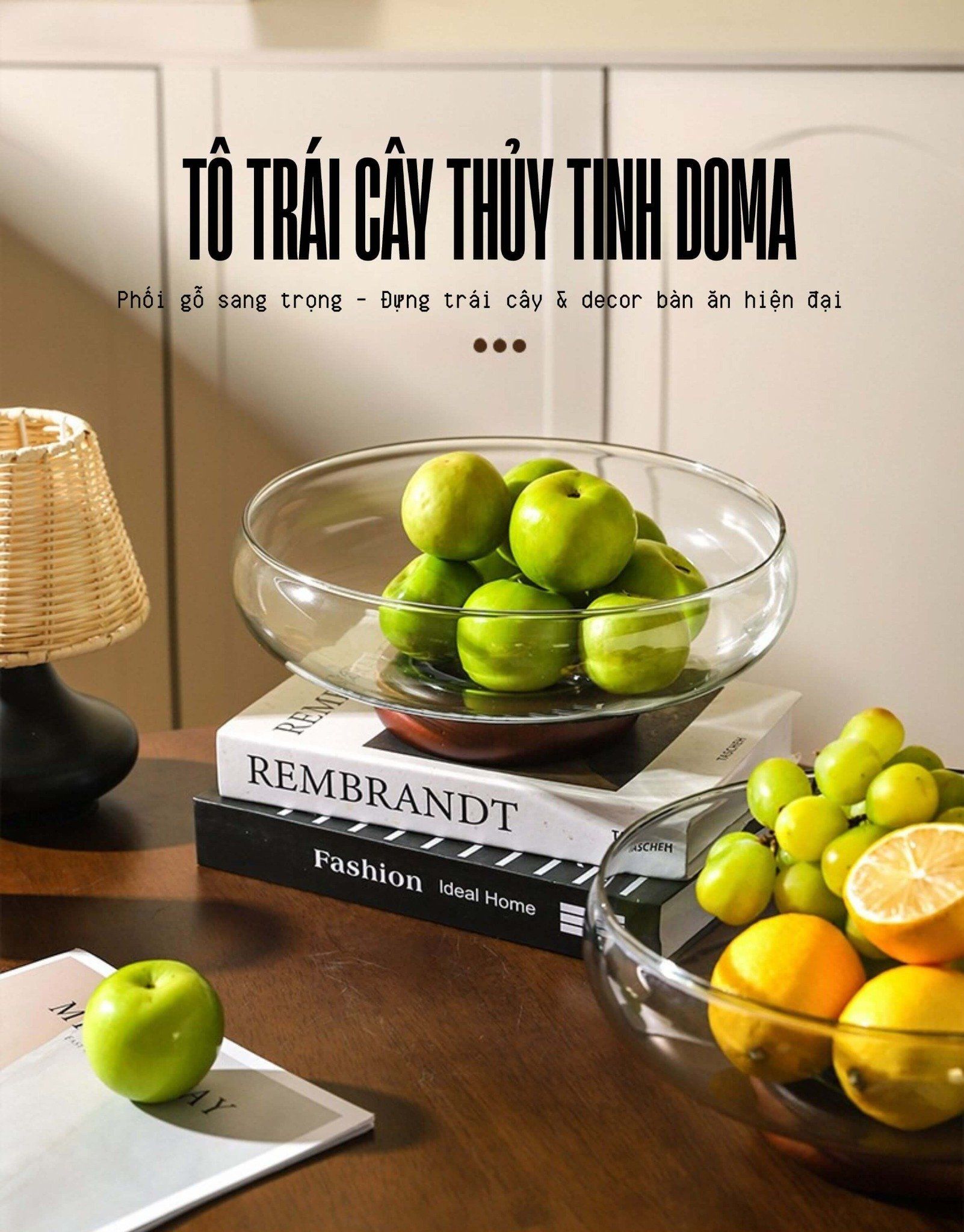  Tô thủy tinh Doma chân gỗ cao cấp – Đựng trái cây, decor bàn ăn hiện đại (26x10.5cm) 