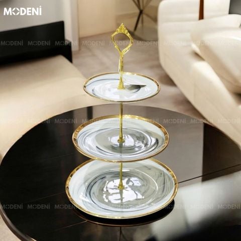  Khay Đựng Bánh Kẹo Pylu Sứ Tráng Men Vân Đá Cao Cấp Viền Vàng| Khay 2 tầng - 3 tầng | Hàn Quốc Sang Trọng 