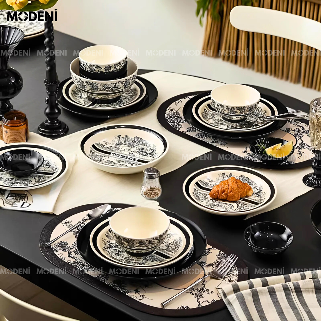 Bộ Chén Đĩa Sứ Trắng Đen Cao Cấp Dioria Nghệ Thuật In Chìm – Phong Cách Cổ Điển Đậm Chất Âu – Phù Hợp Bàn Ăn Gia Đình & Quà Tặng Sang Trọng