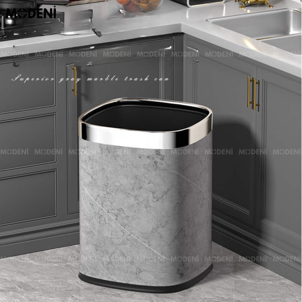 Thùng Rác Rowan Vân Đá Xám Sang Trọng – Thùng Rác Decor Inox Viền Bạc – Dung tích 15L, phù hợp nhà bếp – nhà tắm hiện đại