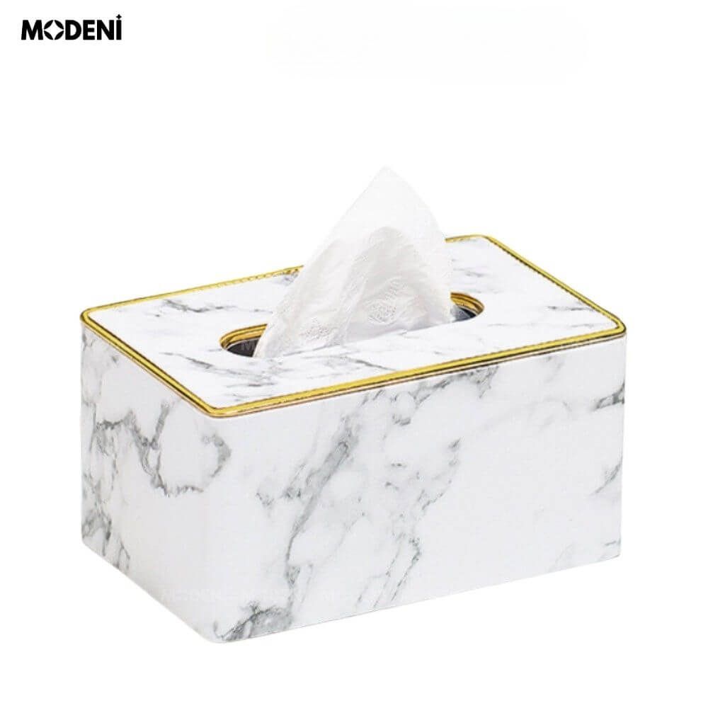 Hộp khăn giấy Sapi Trắng Vân Đá Da PU cao cấp hiện đại cho phòng khách và văn phòng Trọng