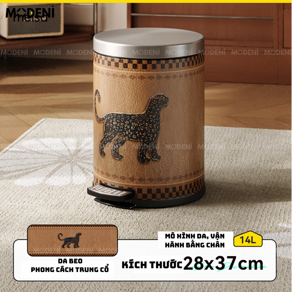 Thùng Rác Có Nắp Morgan – Thùng Rác Decor 14L – Họa Tiết Con Báo Trung Cổ – Phù Hợp Trang Trí Phòng Khách, Phòng Ngủ
