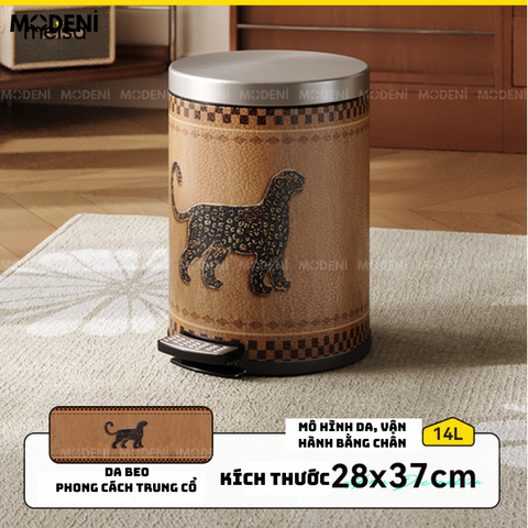 Cận cảnh họa tiết da báo nổi bật trên bề mặt thùng rác decor