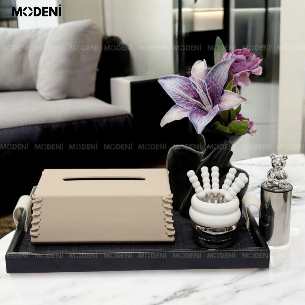 Khay Chữ Nhật Keva Đen Cao Cấp – Tay Cầm Kem Lạ Mắt - Khay Decor Bàn Sofa Sang Trọng