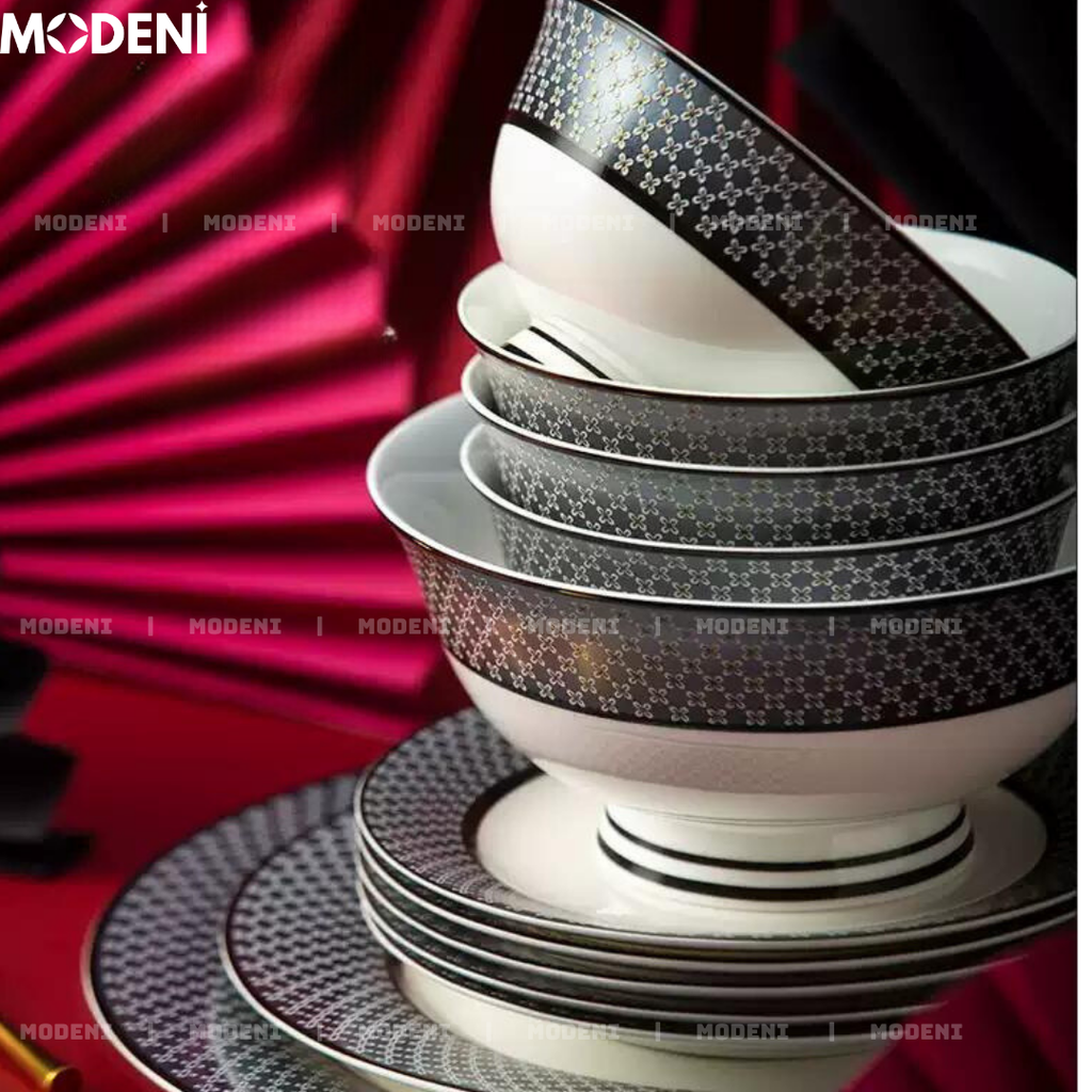 Bộ Chén Đĩa Sứ Xương Hailey Cao Cấp Viền Đen Họa Tiết Lưới Sang Trọng - Cho Bàn Ăn Hiện Đại & Tiếp Khách