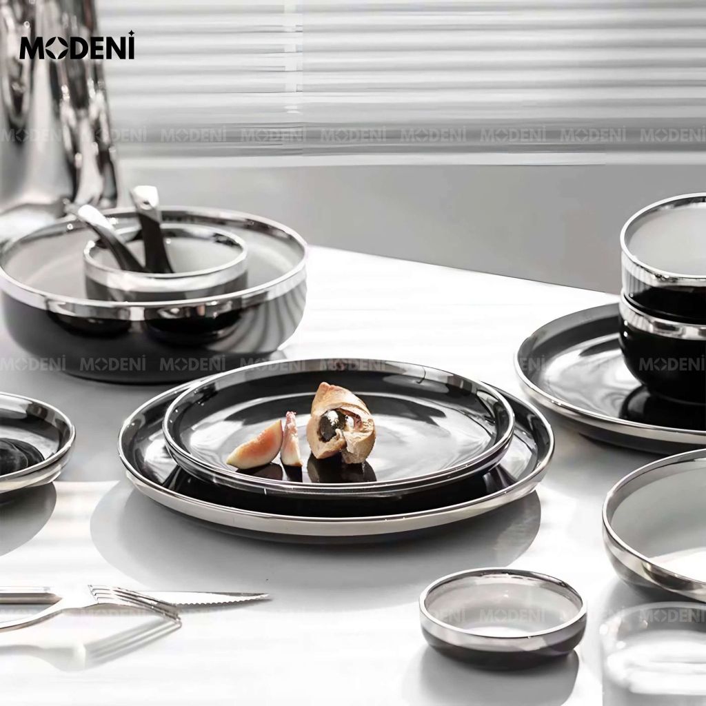Bộ chén đĩa sứ Adelaide đen cao cấp – Men 3 lớp an toàn, decor đẳng cấp bàn ăn hiện đại