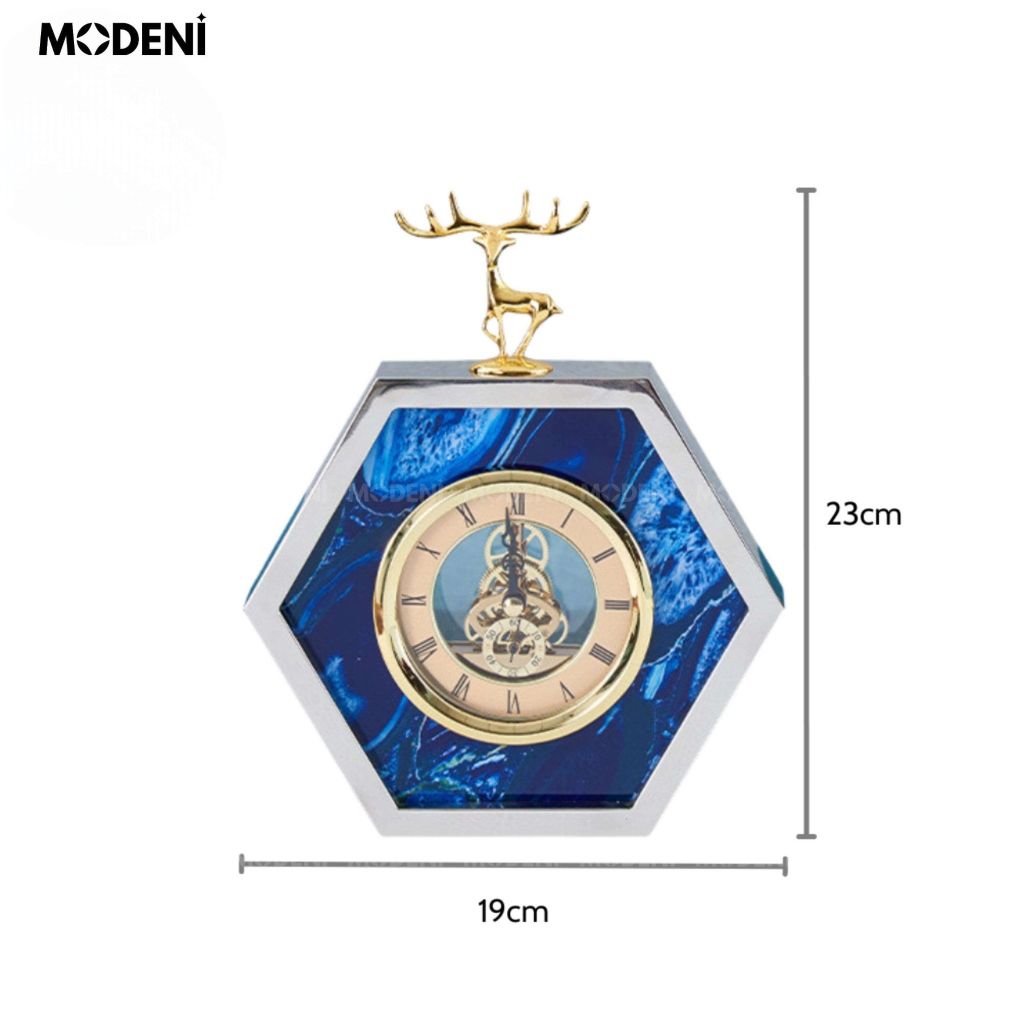Đồng Hồ Bluey Lục Giác Cao Cấp – Mặt Số La Mã – Phối Đá Xanh Sang Trọng – Phù Hợp Decor Bàn, Kệ, Phòng Làm Việc