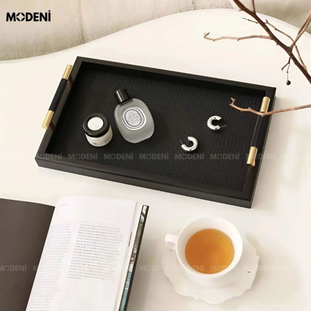 Khay Trang Trí Đen Blacky cao cấp – Tay cầm kim loại, phong cách hiện đại