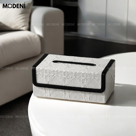 Hộp khăn giấy Luna Viền Đen vải dệt cao cấp phối da PU sang trọng đặt trong phòng khách.
