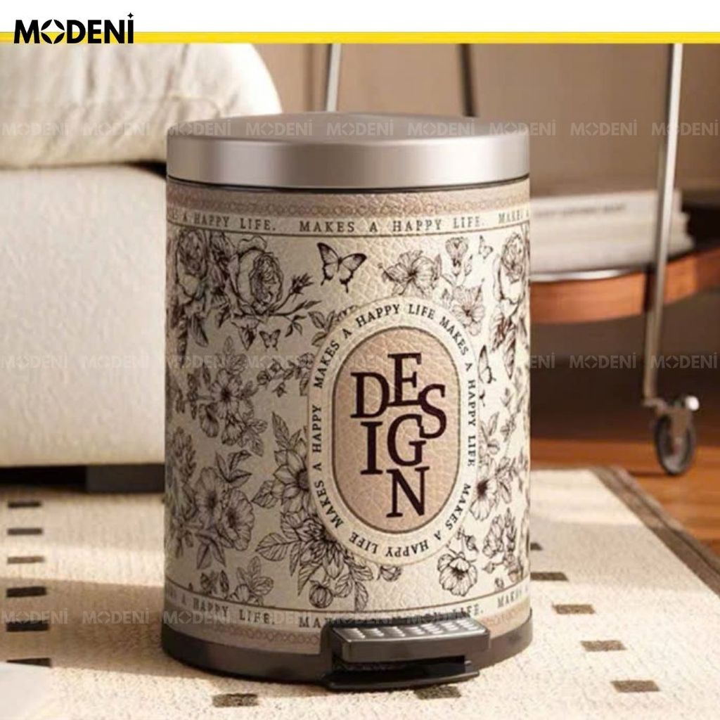 Thùng Rác Có Nắp Denis White – Thùng Rác Decor Retro Sang Trọng – Thiết Kế Nắp Đạp Tiện Lợi – Dung Tích 14L Cho Phòng Khách/Phòng Ngủ