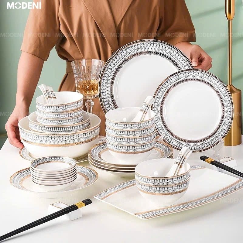 Bộ chén đĩa Aura sứ cao cấp 43 món – họa tiết viền vàng đen tinh xảo – dùng được lò vi sóng, bàn ăn hiện đại
