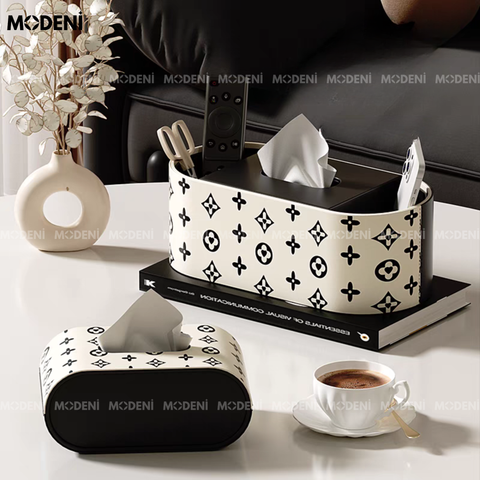 Hộp khăn giấy Modena nhựa ABS cao cấp họa tiết đen trắng sang trọng đặt trên bàn phòng khách.