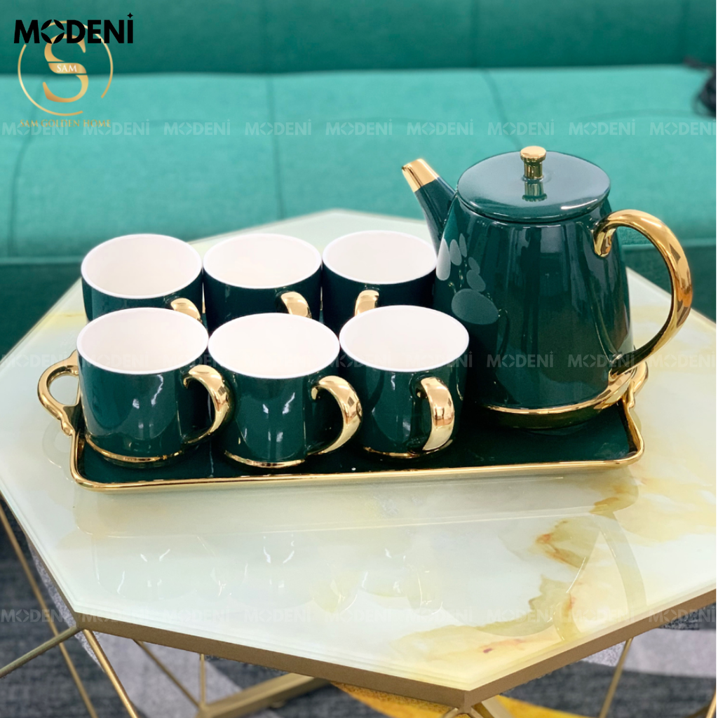 Bộ Ấm Trà Tobi Gốm Sứ Cao Cấp Kèm Khay Đựng Màu Xanh Emerald Sang Trọng Viền Vàng Phong Cách Châu Âu