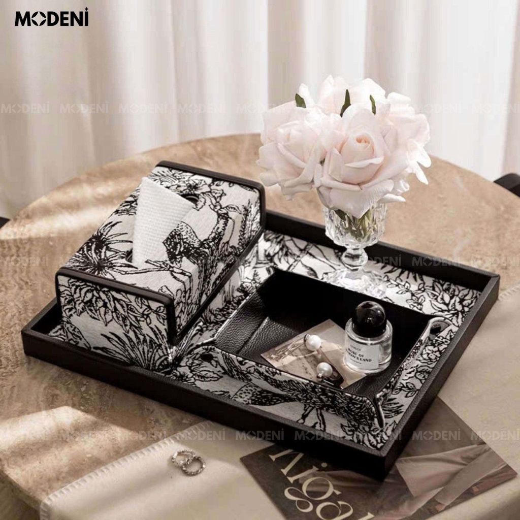 Khay Trang Trí Mahina Cao Cấp – Khay Vải Canvas Nghệ Thuật, Họa Tiết Rừng Đen Trắng – Dành Cho Bàn Sofa/Kệ Decor