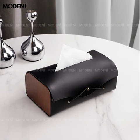 Hộp khăn giấy Elise Đen da PU cao cấp phối gỗ MDF phủ melamine sang trọng đặt trên bàn làm việc.