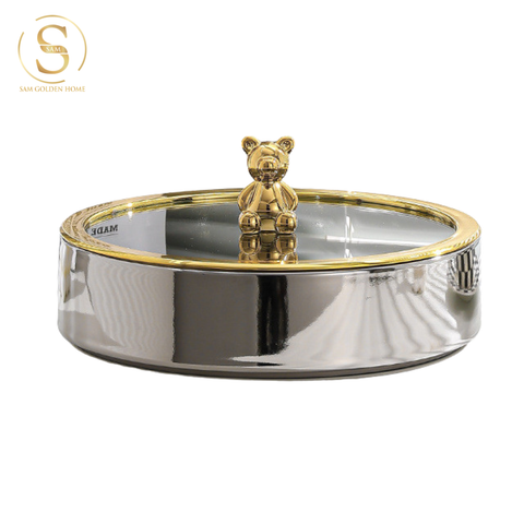  Khay Mứt Tết 1 Tầng Silver&Gold Bear Sứ Tráng Men Cao Cấp Sang Trọng 