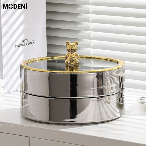  Khay Mứt Tết 2 Tầng Silver&Gold Bear Sứ Tráng Men Cao Cấp Sang Trọng 