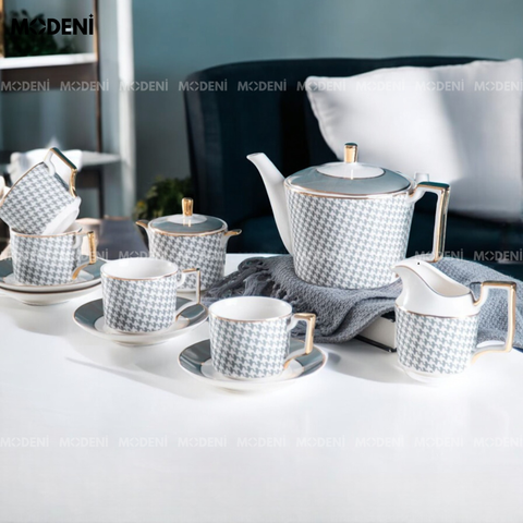 Bộ trà sứ xương Semal 21 món cao cấp họa tiết caro phối viền ánh kim