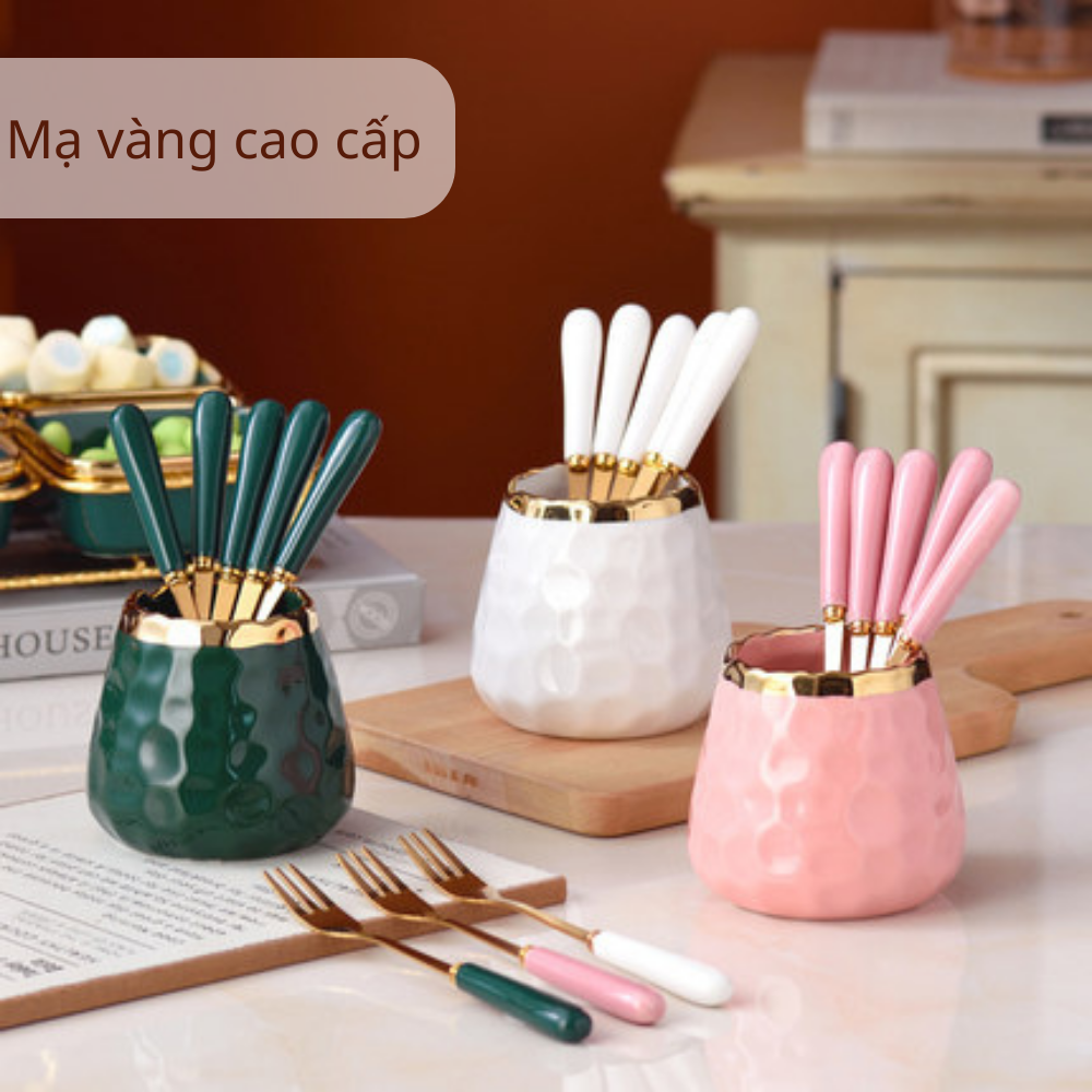 Lọ sứ đựng nĩa, xiên trái cây, muỗng cafe, thìa tráng miệng mạ vàng cao cấp phong cách bắc âu