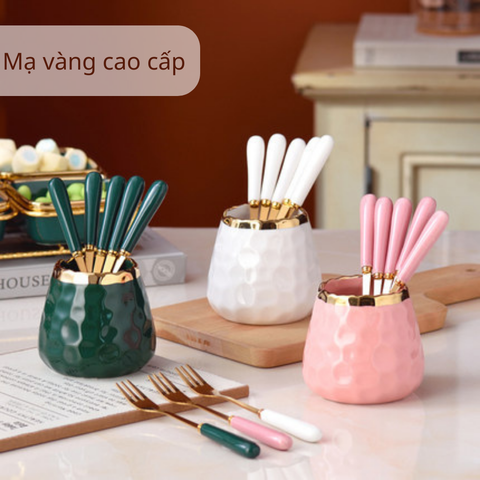  Lọ sứ đựng nĩa, xiên trái cây, muỗng cafe, thìa tráng miệng mạ vàng cao cấp phong cách bắc âu 