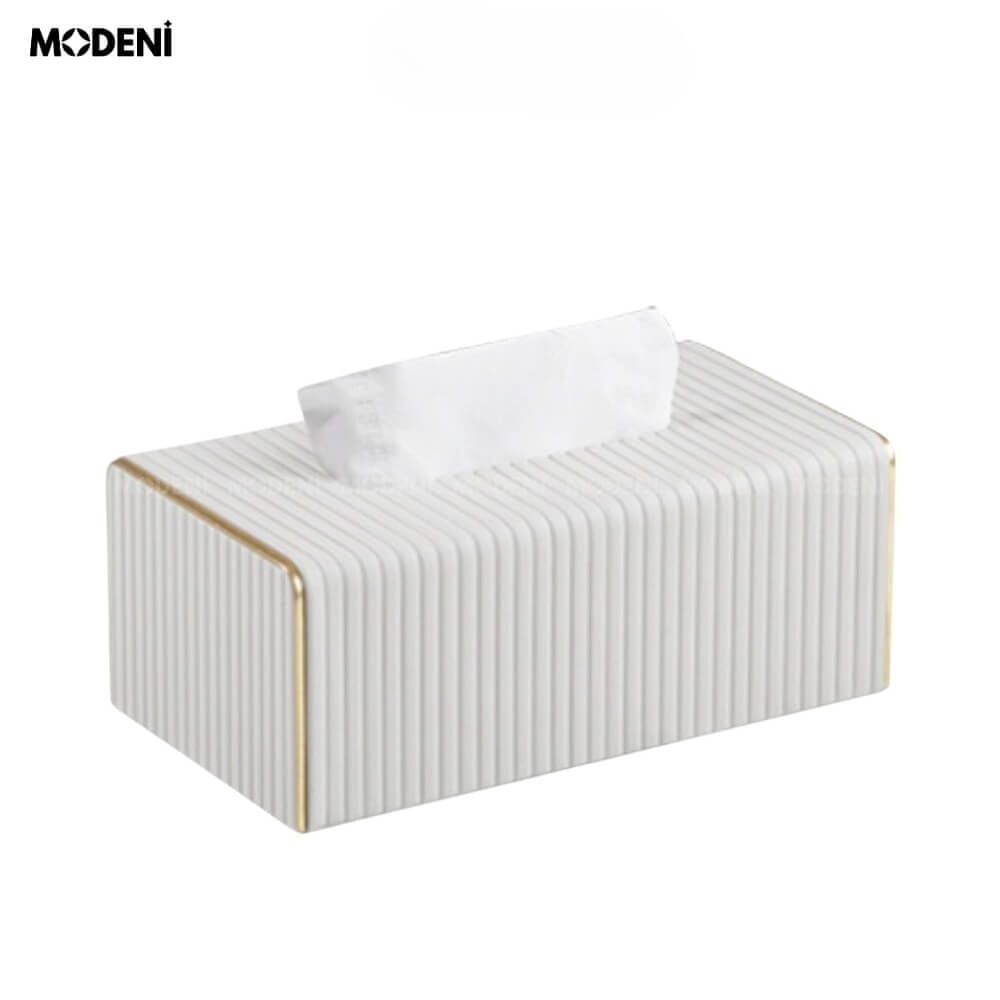 Hộp Khăn Sofie Nordic White – Nhựa Vân Sọc, Nắp Trượt Viền Mạ Vàng Ánh Kim