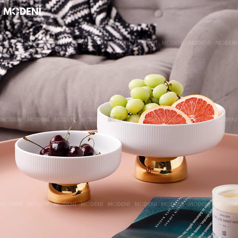 Tô đựng trái cây Coln gốm sứ trắng cao cấp chân đế vàng sang trọng