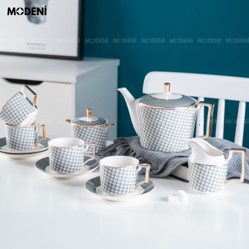 Bộ Trà Sứ Xương Semal Cao Cấp 21 Món – Gồm Ấm, Hủ Sữa, Đường, 6 Ly Kèm Muỗng Gold – Phù Hợp Decor Biệt Thự hoặc Làm Quà Tặng Sang Trọng