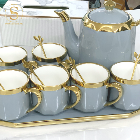  Bộ Ấm Trà Shein Gốm Sứ Cao Cấp Màu Xám Viền Vàng Sang Trọng Kèm Khay Đựng Hiện Đại 