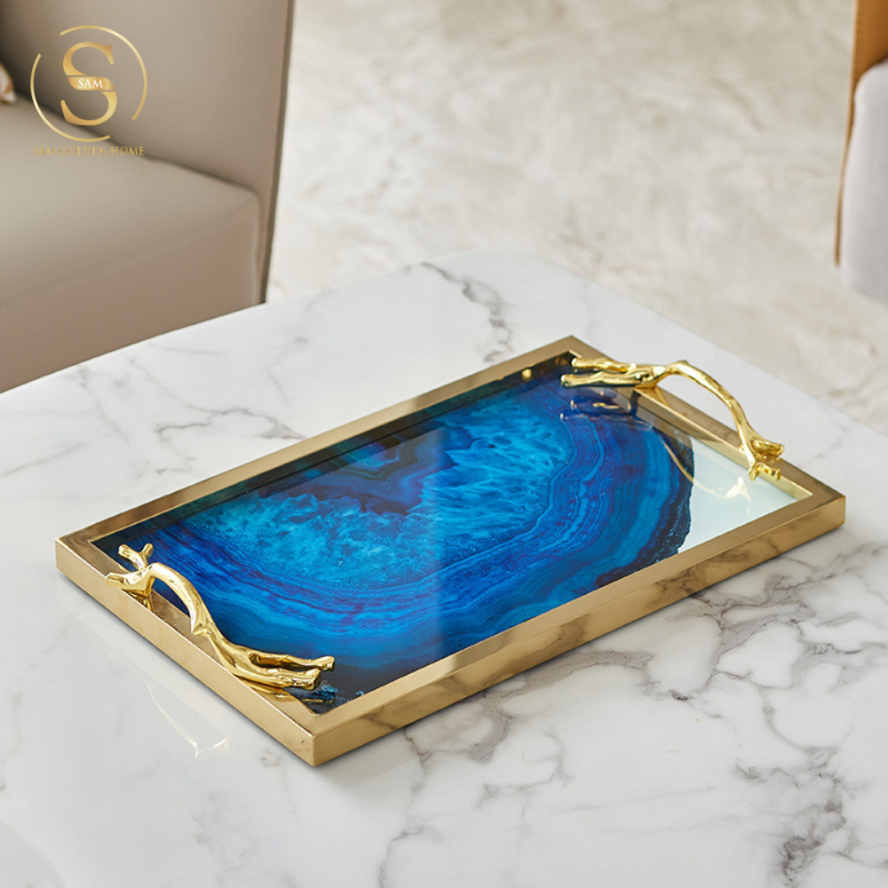 Khay Chữ Nhật Lazuli Trang Trí Mặt Thủy Tinh Cao Cấp Khung Inox Mạ Vàng Sang Trọng Màu Xanh Lưu Ly