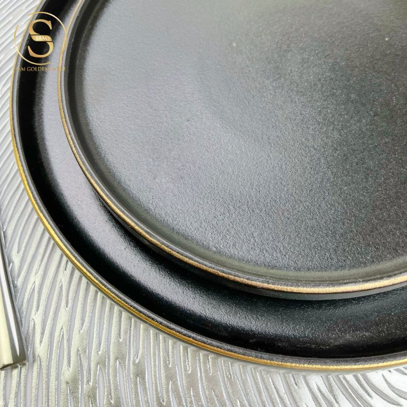 Đĩa Sứ Hasimi 20 Steak, Pasta Đen Viền Chỉ Vàng Châu Âu Phong Cách Tối Giản Minimalism
