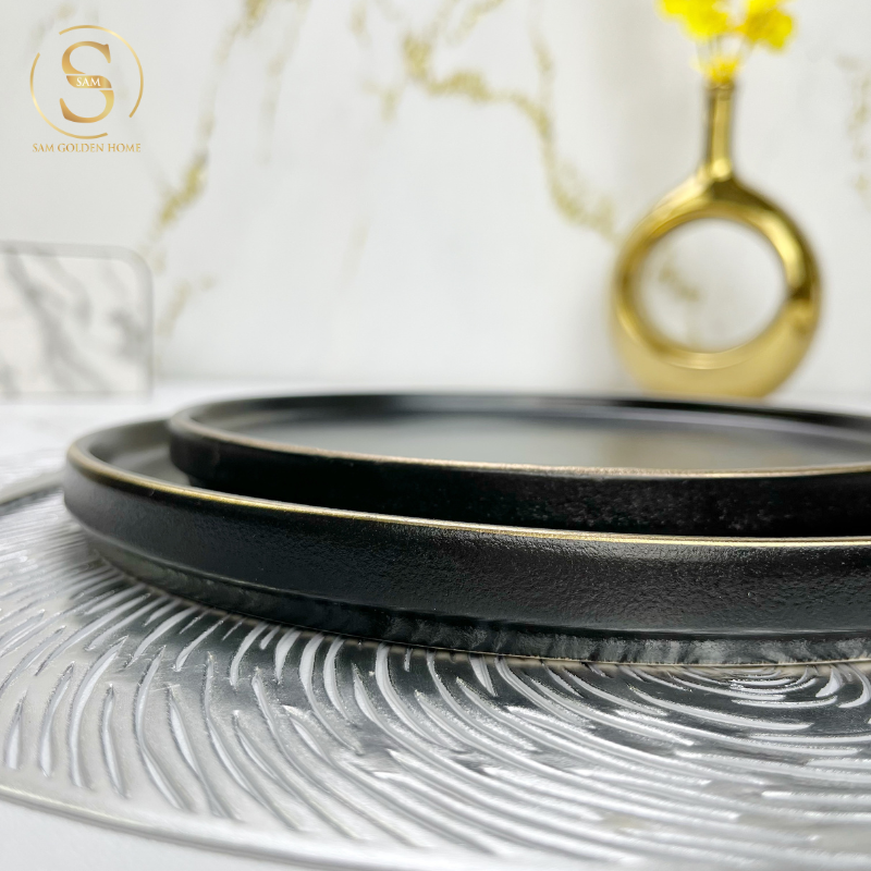 Đĩa Sứ Hasimi 20 Steak, Pasta Đen Viền Chỉ Vàng Châu Âu Phong Cách Tối Giản Minimalism