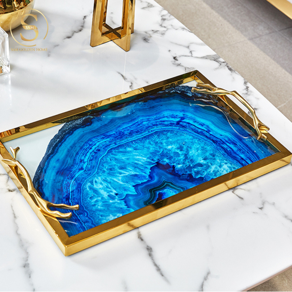 Khay Chữ Nhật Lazuli Trang Trí Mặt Thủy Tinh Cao Cấp Khung Inox Mạ Vàng Sang Trọng Màu Xanh Lưu Ly