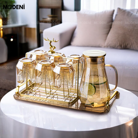 Bộ bình ly Elemi màu nâu thủy tinh cao cấp kèm khay đỡ hợp kim sang trọng