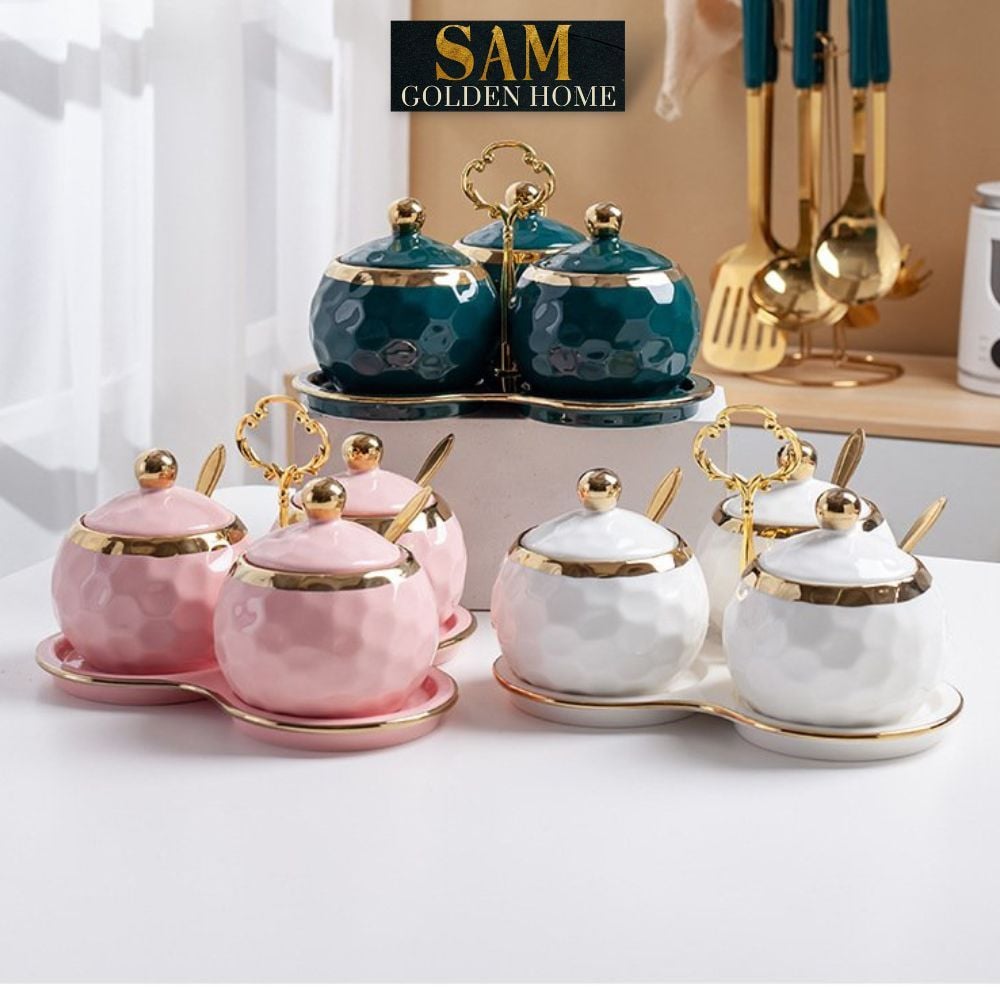 Hũ Đựng Gia Vị Cori Sứ Tráng Men Ceramics Viền Vàng Cao Cấp Kèm Khay Sứ và Thìa Phong Cách Hàn Quốc Sang Trọng