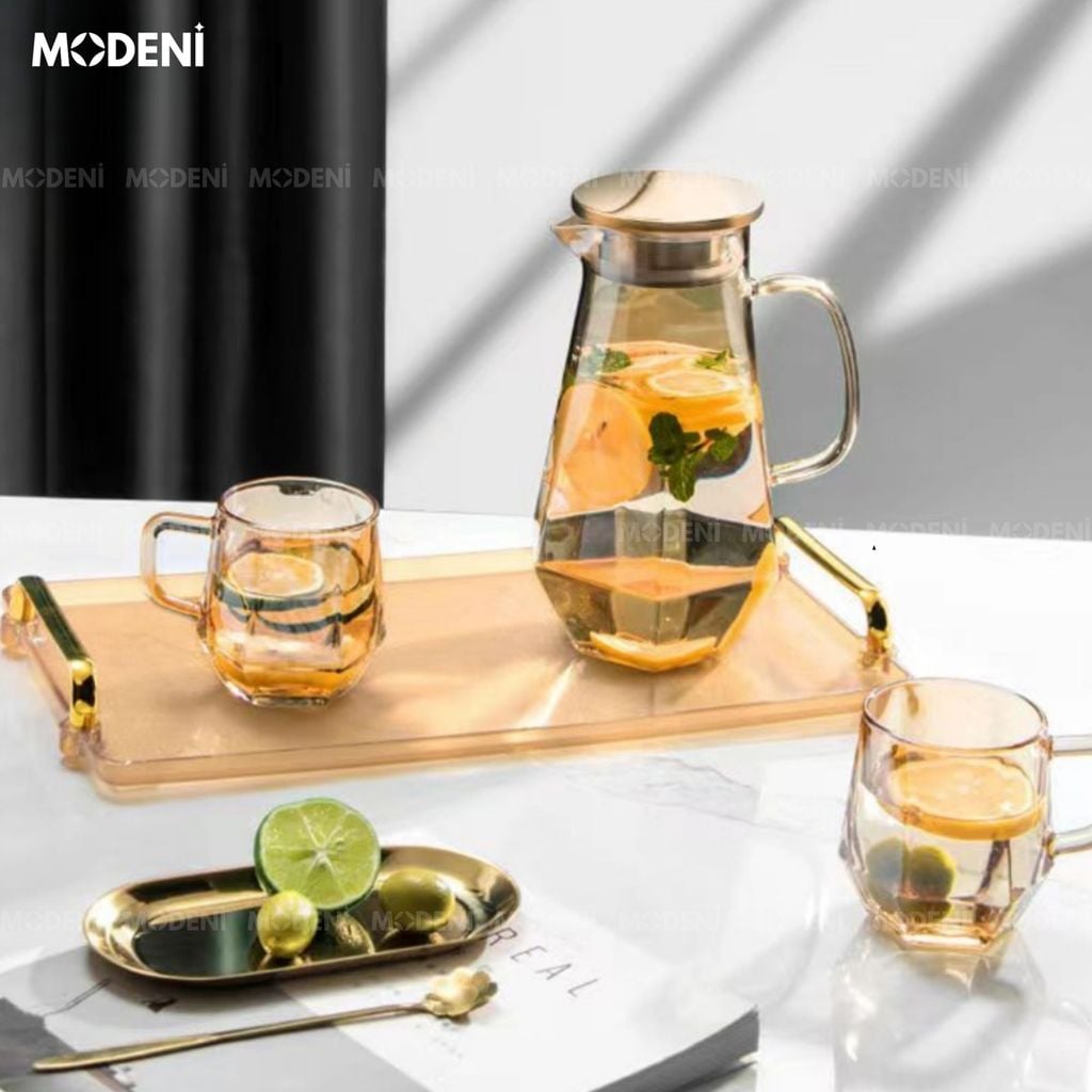 Elemi Màu Cam – Bộ Bình Ly Thủy Tinh Cao Cấp Có Giá Đỡ Hợp Kim – Phong Cách Hiện Đại Cho Bàn Tiếp Khách hoặc Quà Tặng Sang Trọng