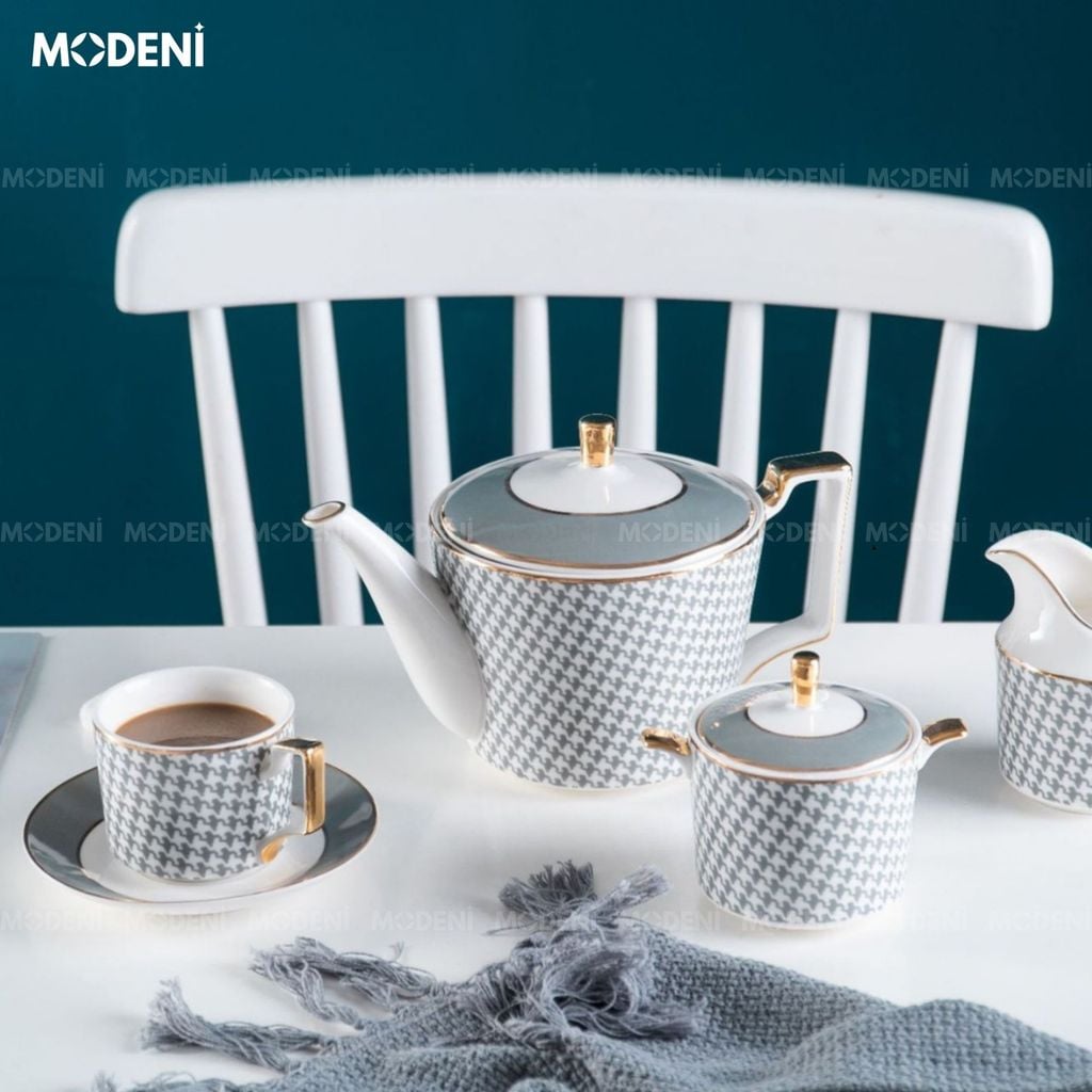 Bộ Trà Sứ Xương Semal Cao Cấp 21 Món – Gồm Ấm, Hủ Sữa, Đường, 6 Ly Kèm Muỗng Gold – Phù Hợp Decor Biệt Thự hoặc Làm Quà Tặng Sang Trọng