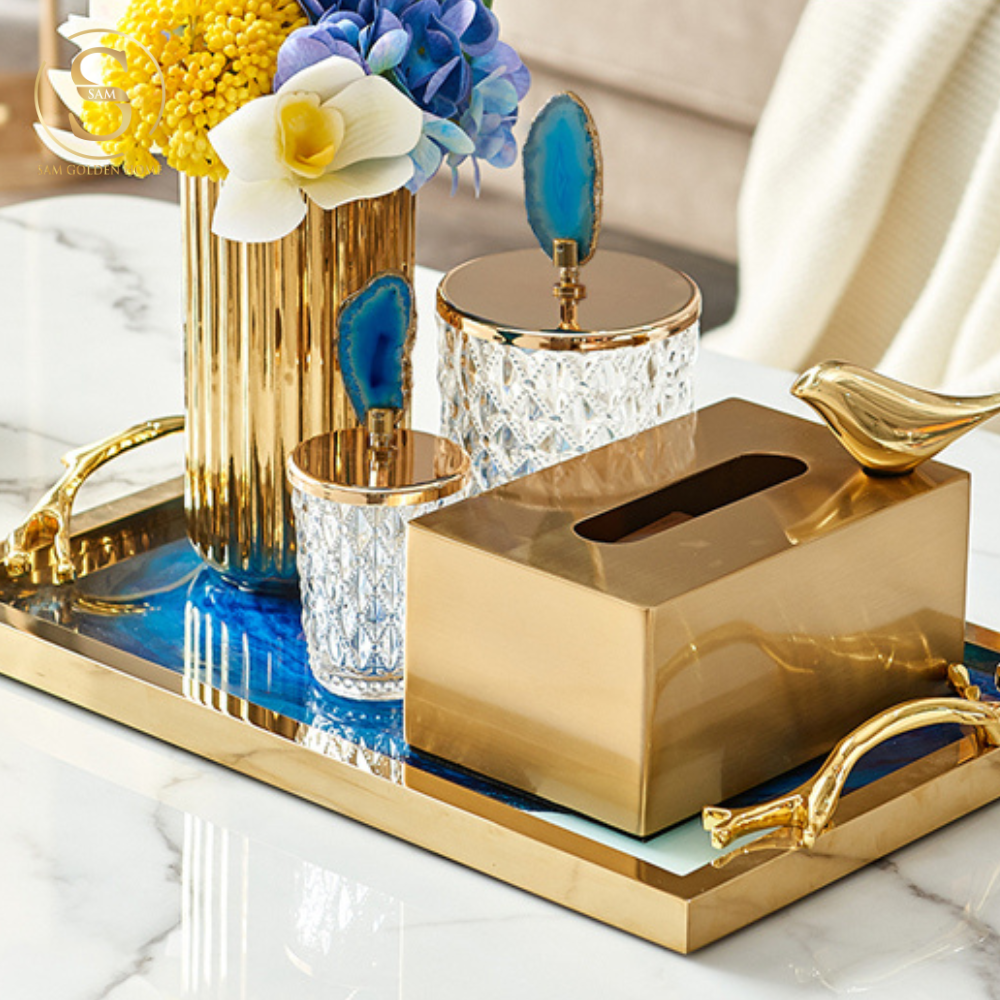 Khay Chữ Nhật Lazuli Trang Trí Mặt Thủy Tinh Cao Cấp Khung Inox Mạ Vàng Sang Trọng Màu Xanh Lưu Ly
