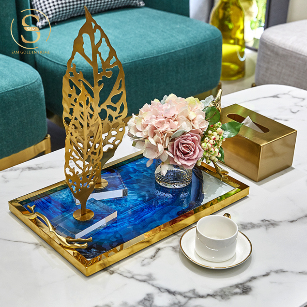 Khay Chữ Nhật Lazuli Trang Trí Mặt Thủy Tinh Cao Cấp Khung Inox Mạ Vàng Sang Trọng Màu Xanh Lưu Ly