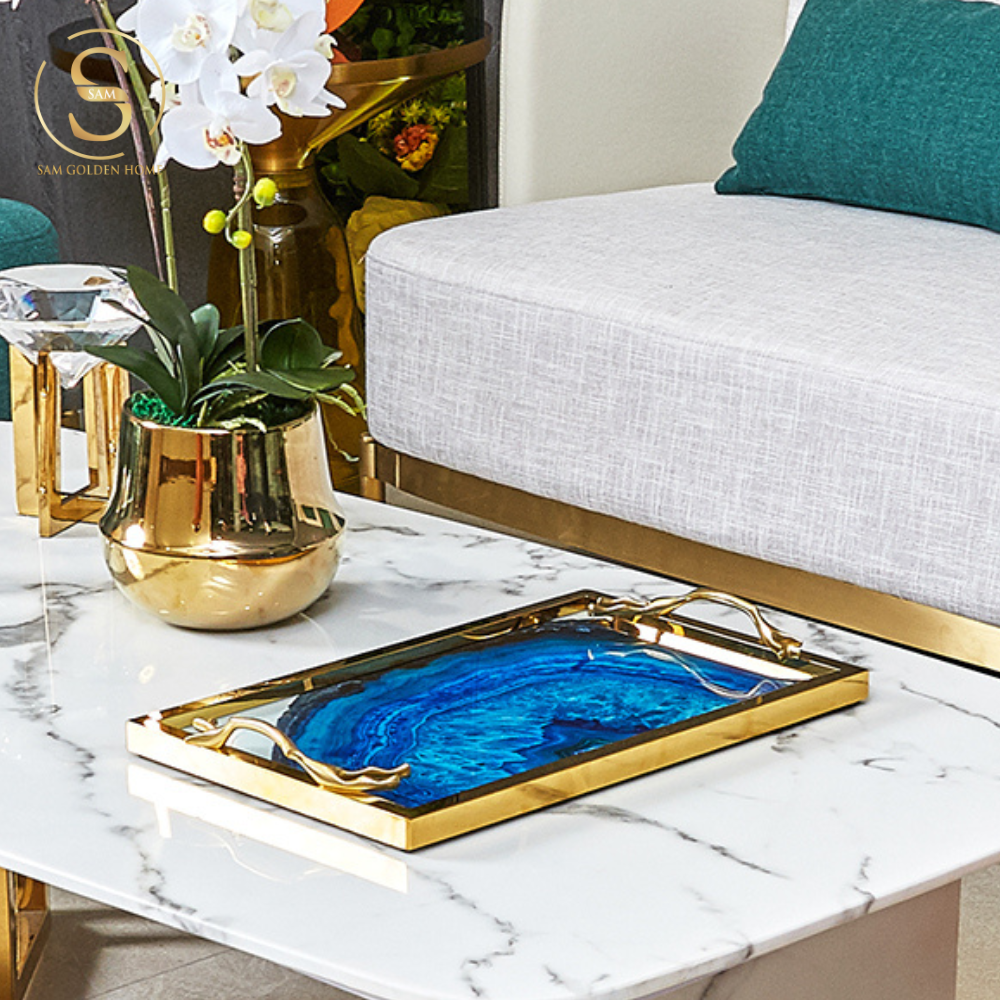 Khay Chữ Nhật Lazuli Trang Trí Mặt Thủy Tinh Cao Cấp Khung Inox Mạ Vàng Sang Trọng Màu Xanh Lưu Ly