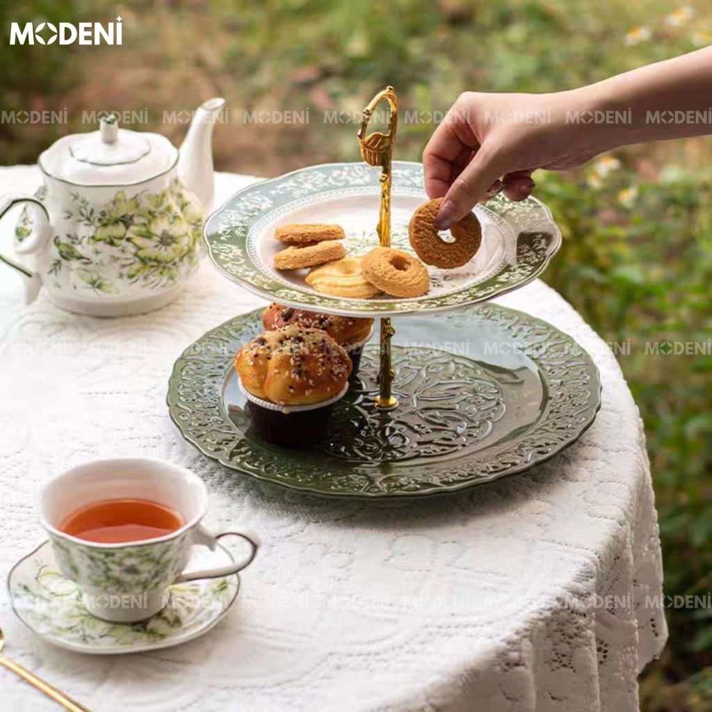Đĩa bánh Julius 2 tầng sứ cao cấp – Tay cầm mạ vàng, đựng bánh trái decor tiệc trà