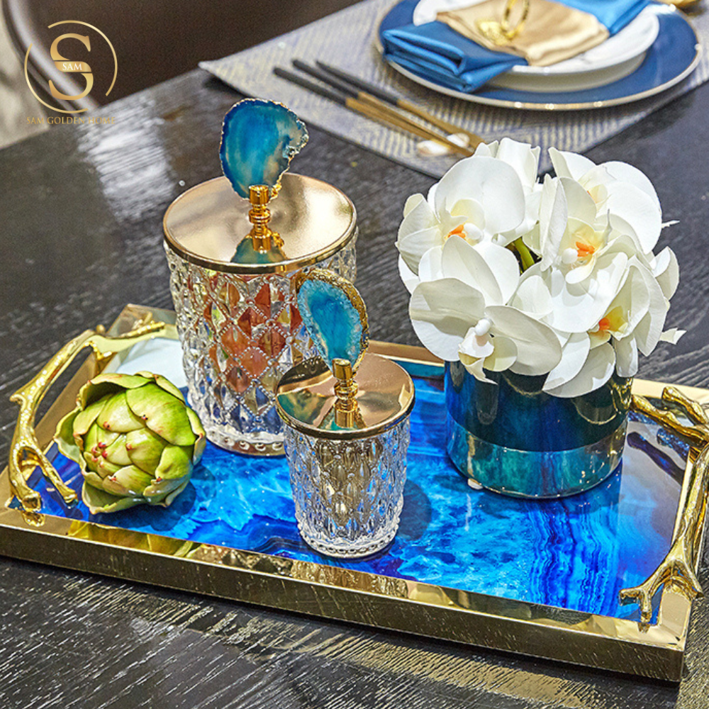 Khay Chữ Nhật Lazuli Trang Trí Mặt Thủy Tinh Cao Cấp Khung Inox Mạ Vàng Sang Trọng Màu Xanh Lưu Ly