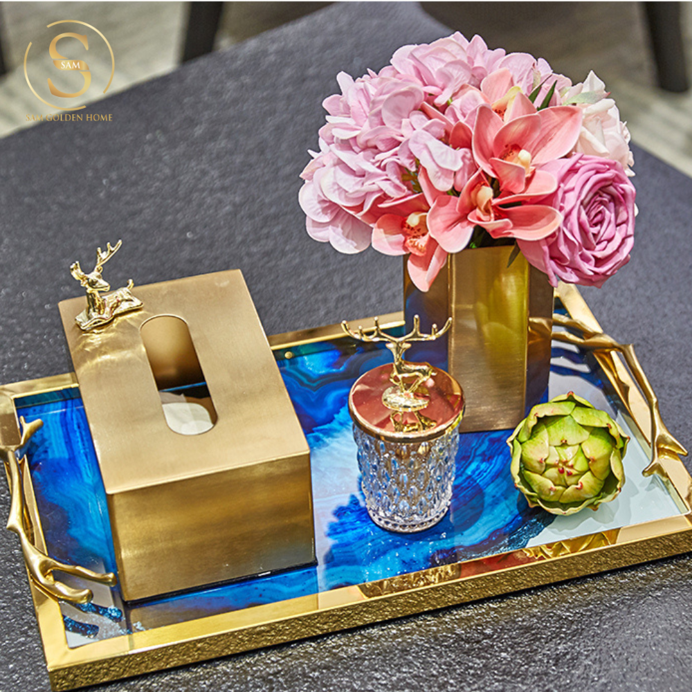 Khay Chữ Nhật Lazuli Trang Trí Mặt Thủy Tinh Cao Cấp Khung Inox Mạ Vàng Sang Trọng Màu Xanh Lưu Ly